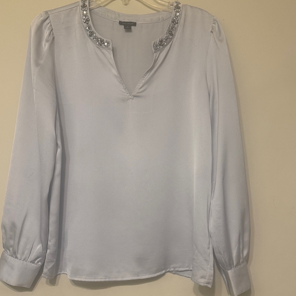 Ann Taylor Light Gray Embellished Satin Blouse